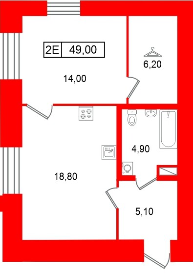 Планировка — 1-комн квартира, 49,0 м² в ЖК «Типография»