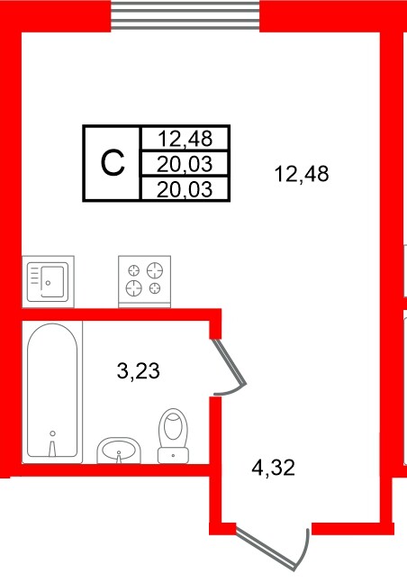 Планировка — Студия квартира, 20,0 м² в ЖК «Стороны Света 2»
