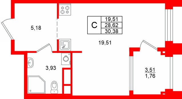 Планировка — Студия квартира, 30,4 м² в ЖК «Траектория.Софийская»