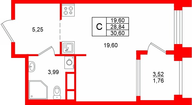 Планировка — Студия квартира, 30,6 м² в ЖК «Траектория.Софийская»