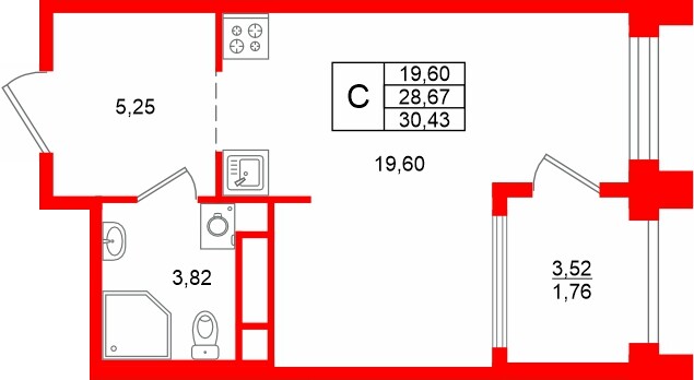 Планировка — Студия квартира, 30,4 м² в ЖК «Траектория.Софийская»