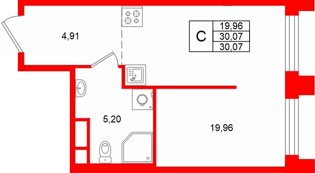 Планировка — Студия квартира, 30,1 м² в ЖК «Траектория.Софийская»