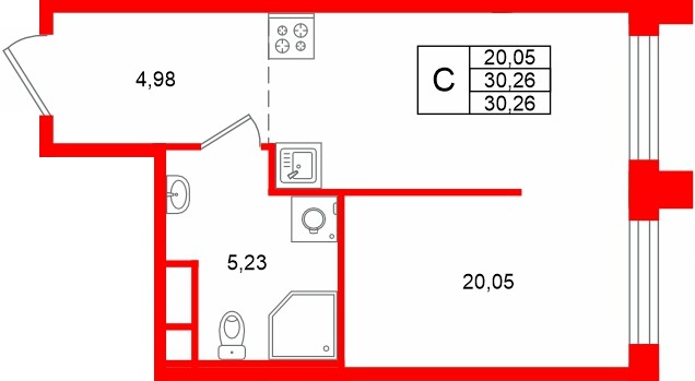 Планировка — Студия квартира, 30,3 м² в ЖК «Траектория.Софийская»