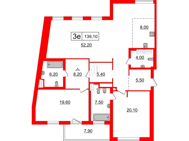 Квартира в ЖК 'Приоритет', 2 комнатная, 139.1 м², 5 этаж