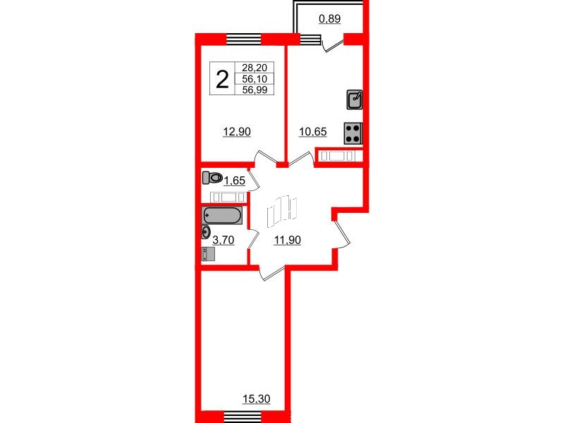 Квартира в ЖК «Новое Горелово», 2 комнатная, 57.4 м², 1 этаж