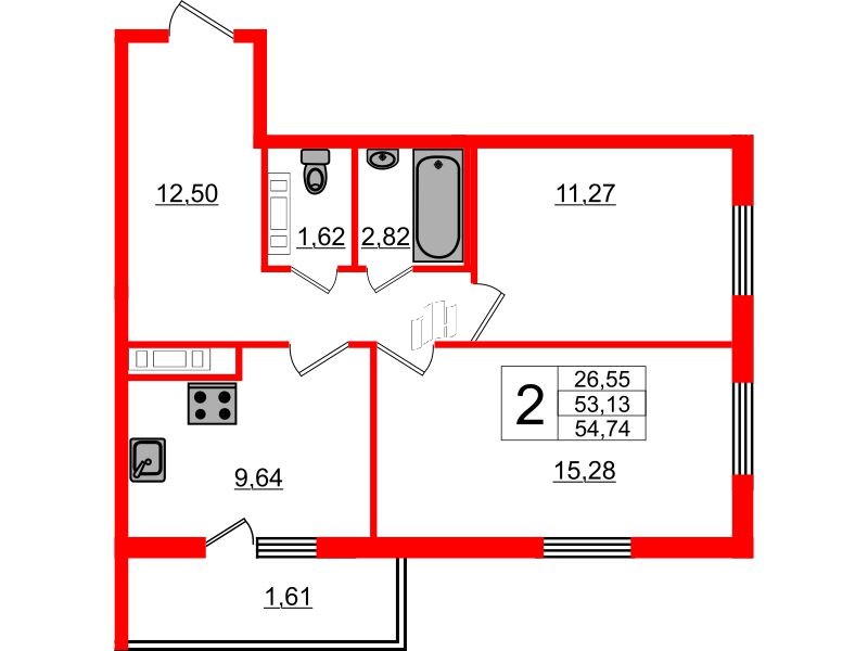 Квартира в ЖК «Новое Горелово», 2 комнатная, 54.1 м², 1 этаж