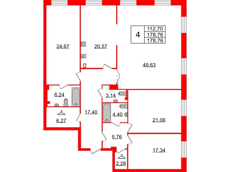 Квартира в ЖК Neva Haus, 4 комнатная, 178.4 м², 1 этаж