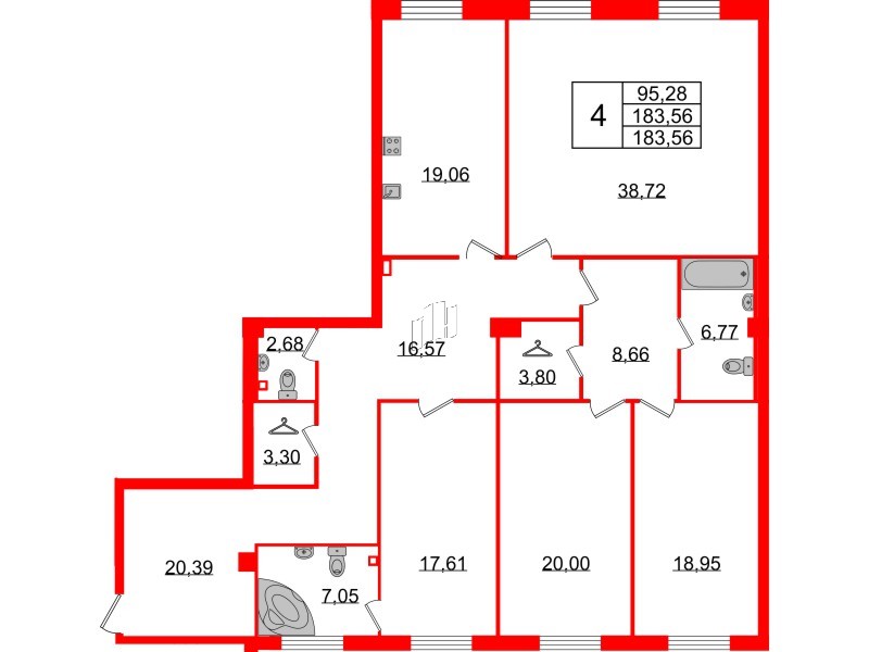 Квартира в ЖК Neva Haus, 4 комнатная, 183.7 м², 1 этаж