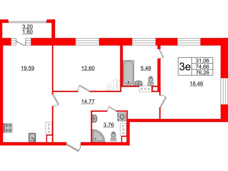 Квартира в ЖК Modum, 2 комнатная, 76.26 м², 6 этаж