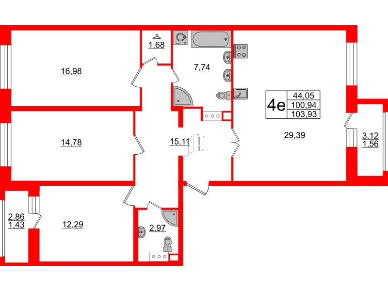 Квартира в ЖК Modum, 3 комнатная, 103.93 м², 4 этаж