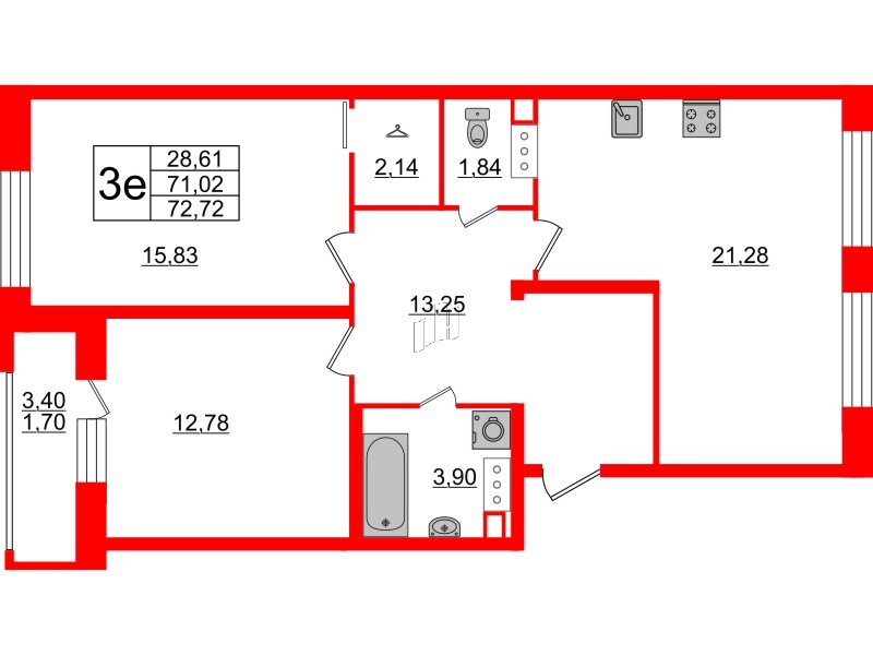 Квартира в ЖК Modum, 2 комнатная, 72.72 м², 7 этаж