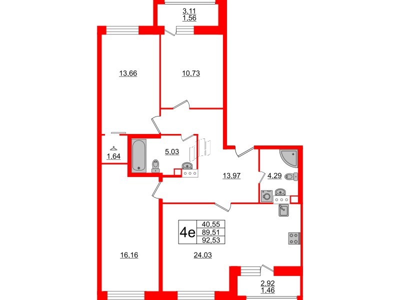 Квартира в ЖК Modum, 3 комнатная, 92.53 м², 6 этаж