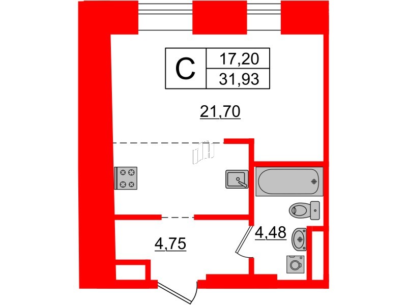 Апартаменты в ЖК «Мадонна Бенуа», студия, 32.6 м², 3 этаж