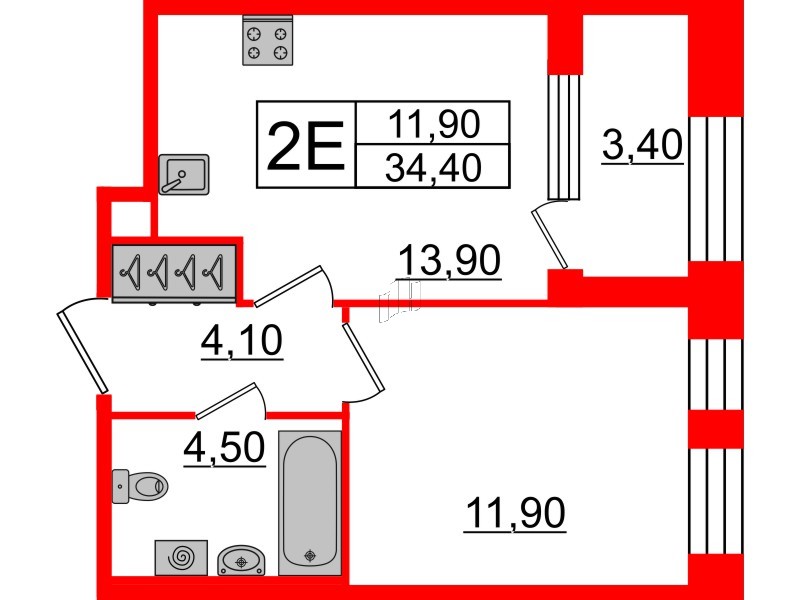 Квартира в ЖК Svetlana Park, 1 комнатная, 34.4 м², 2 этаж