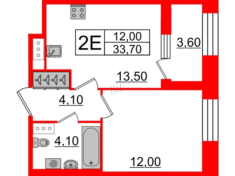 Квартира в ЖК Svetlana Park, 1 комнатная, 33.7 м², 8 этаж