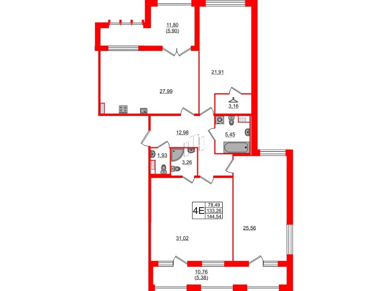 Квартира в ЖК 'Фамилия', 3 комнатная, 144.54 м², 4 этаж