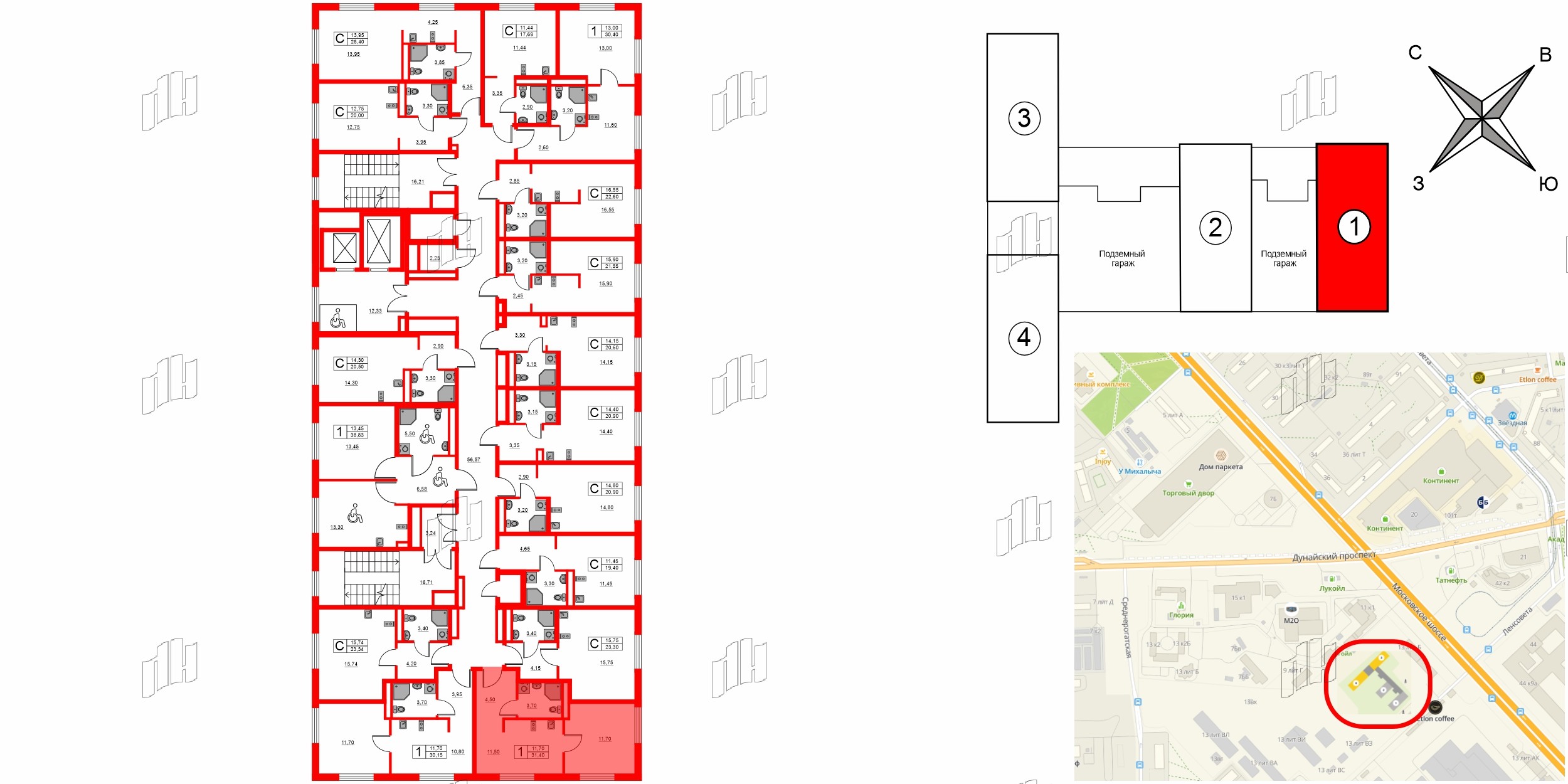 Апартаменты в ЖК «Авеню Апарт Пулково», 1 комнатные, 31.4 м², 15 этаж