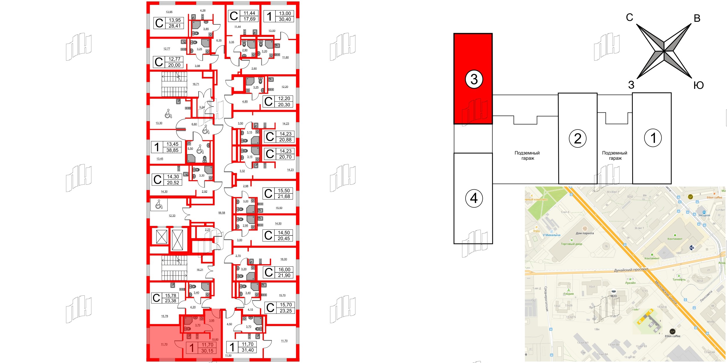 Апартаменты в ЖК «Авеню Апарт Пулково», 1 комнатные, 30.15 м², 16 этаж