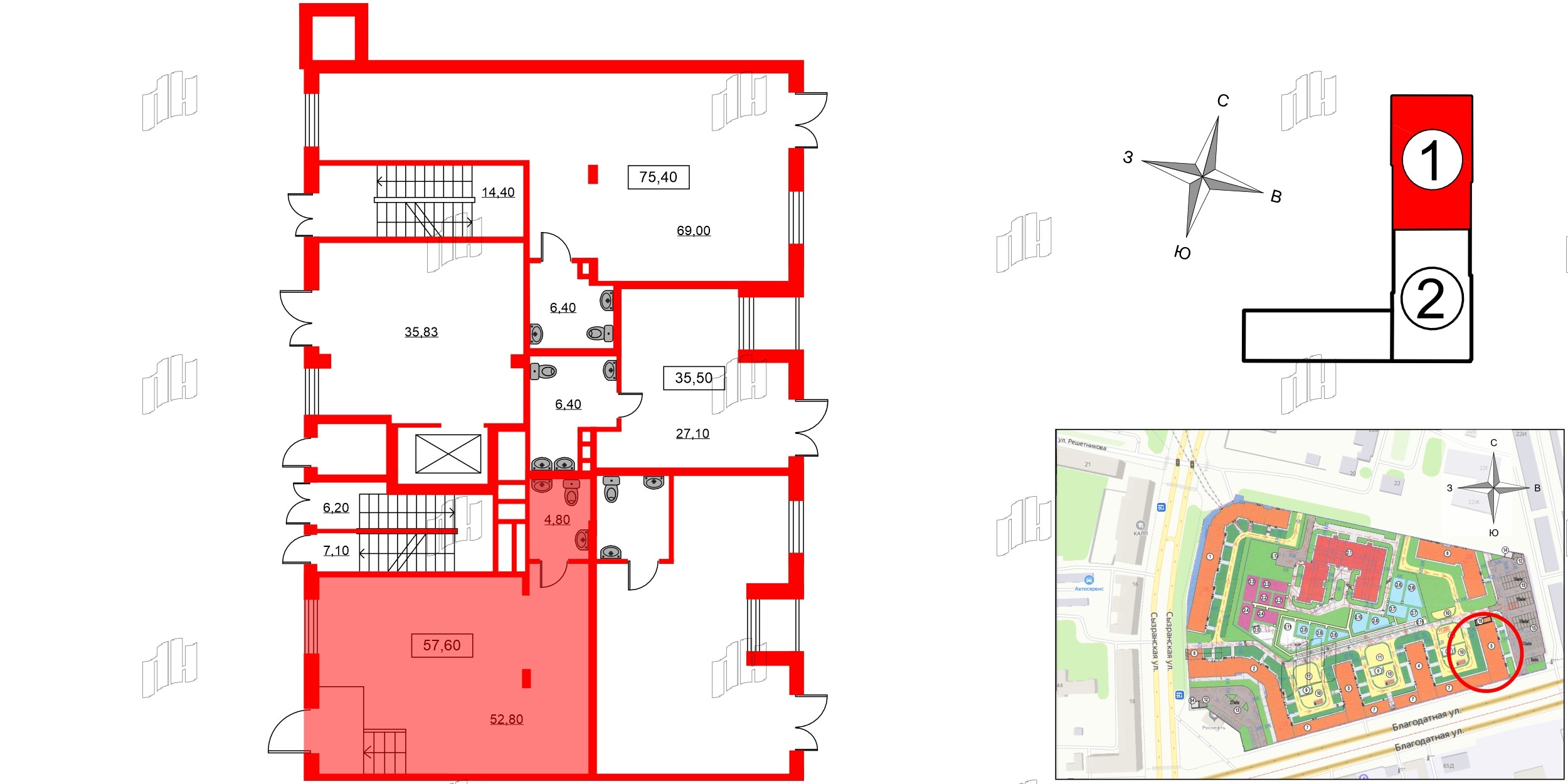 Помещение в ЖК ID Park Pobedy, 57.6 м², 1 этаж