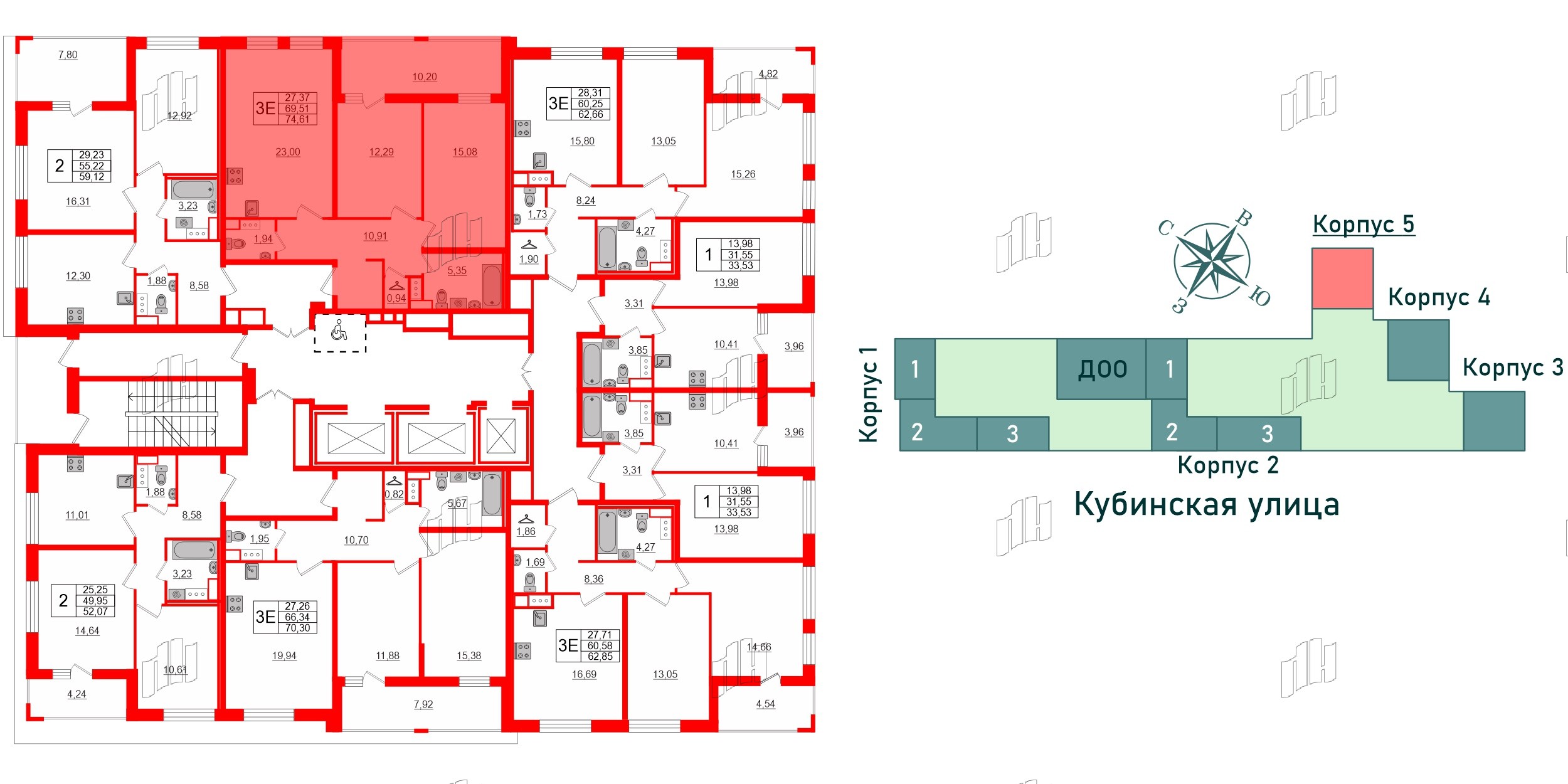 Квартира в ЖК Cube, 2 комнатная, 74.61 м², 10 этаж