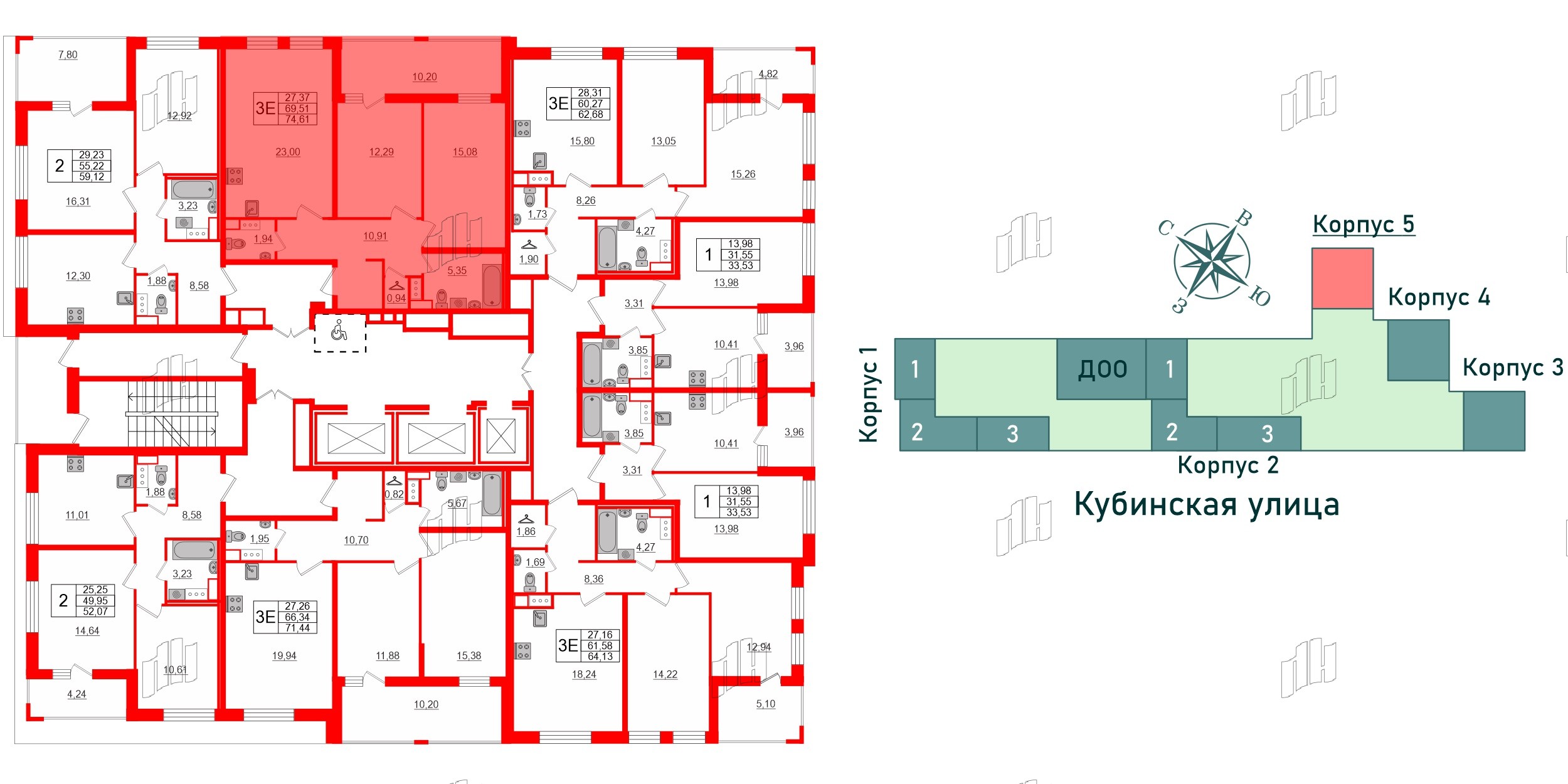 Квартира в ЖК Cube, 2 комнатная, 74.61 м², 12 этаж
