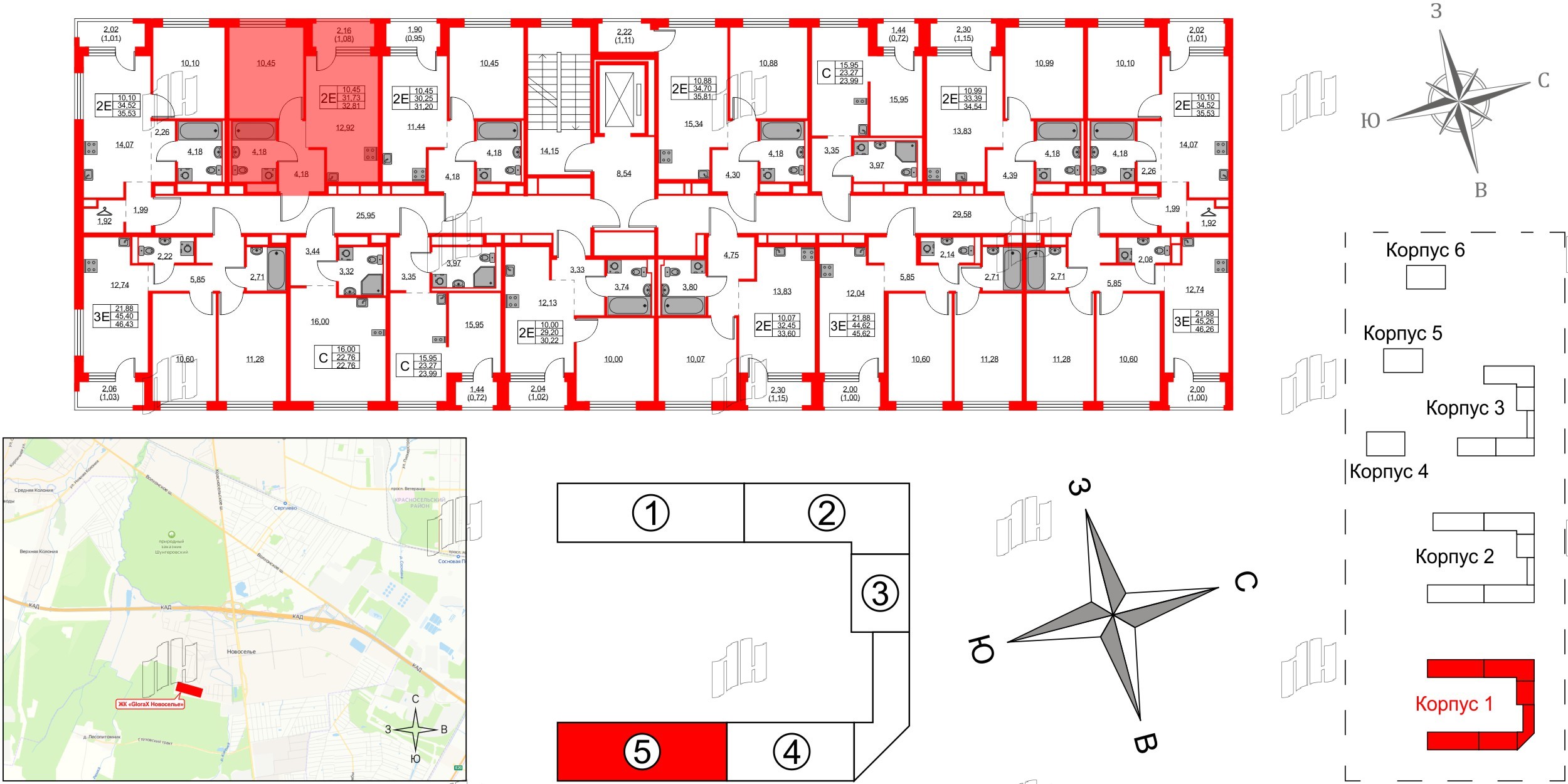 Квартира в ЖК GloraX Новоселье, 1 комнатная, 32.81 м², 9 этаж