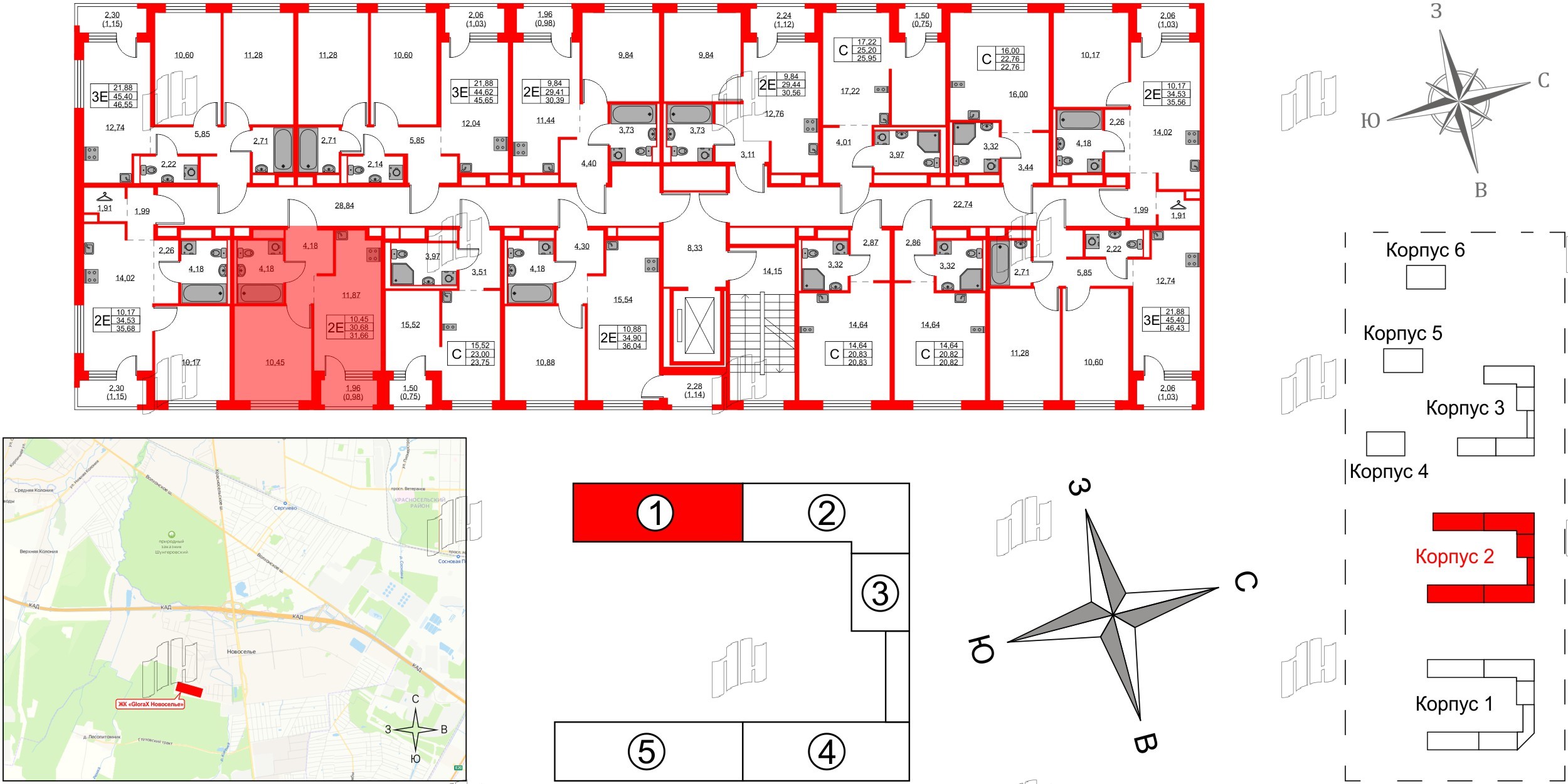 Квартира в ЖК GloraX Новоселье, 1 комнатная, 31.66 м², 6 этаж