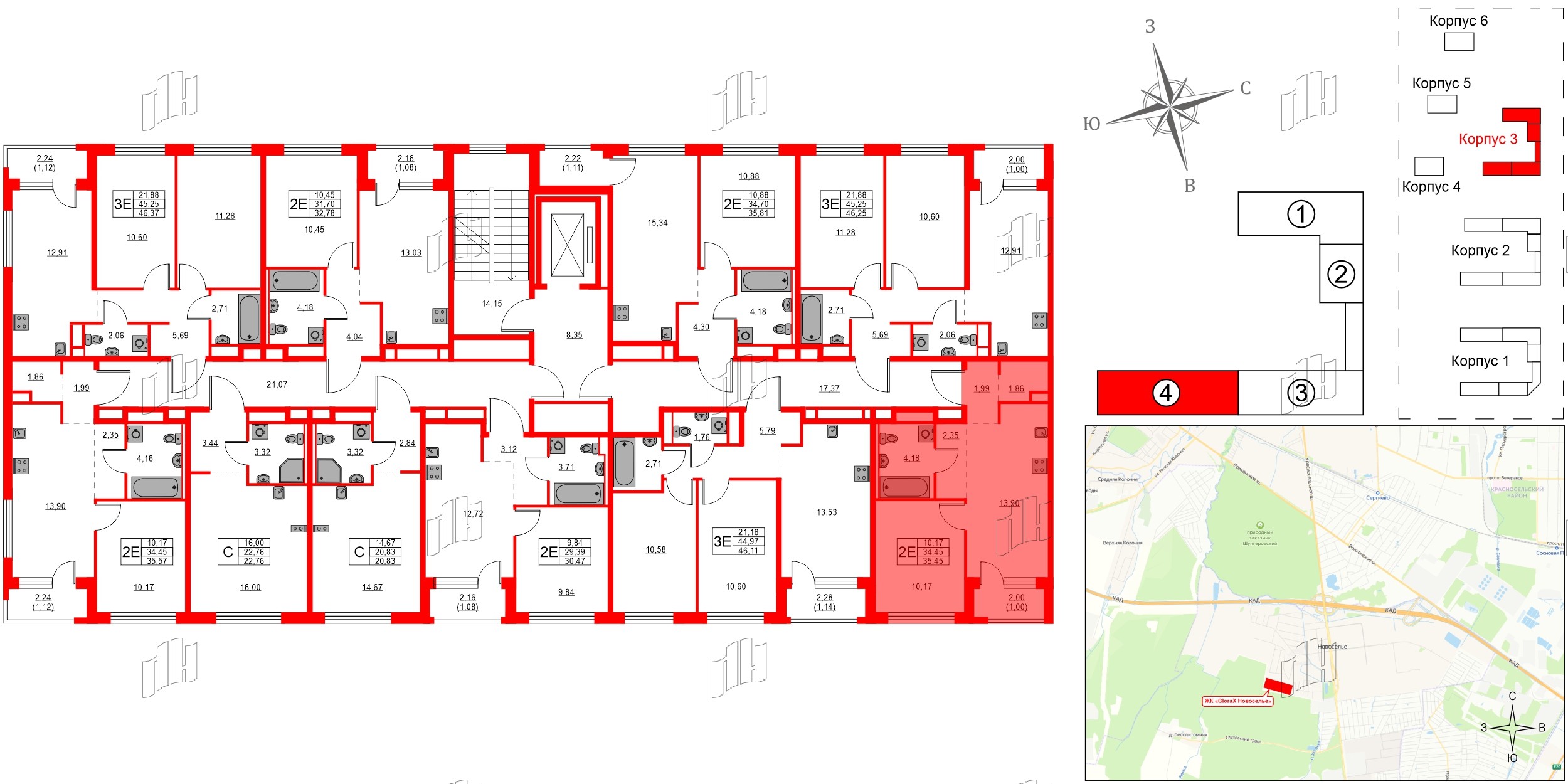 Квартира в ЖК GloraX Новоселье, 1 комнатная, 35.45 м², 8 этаж