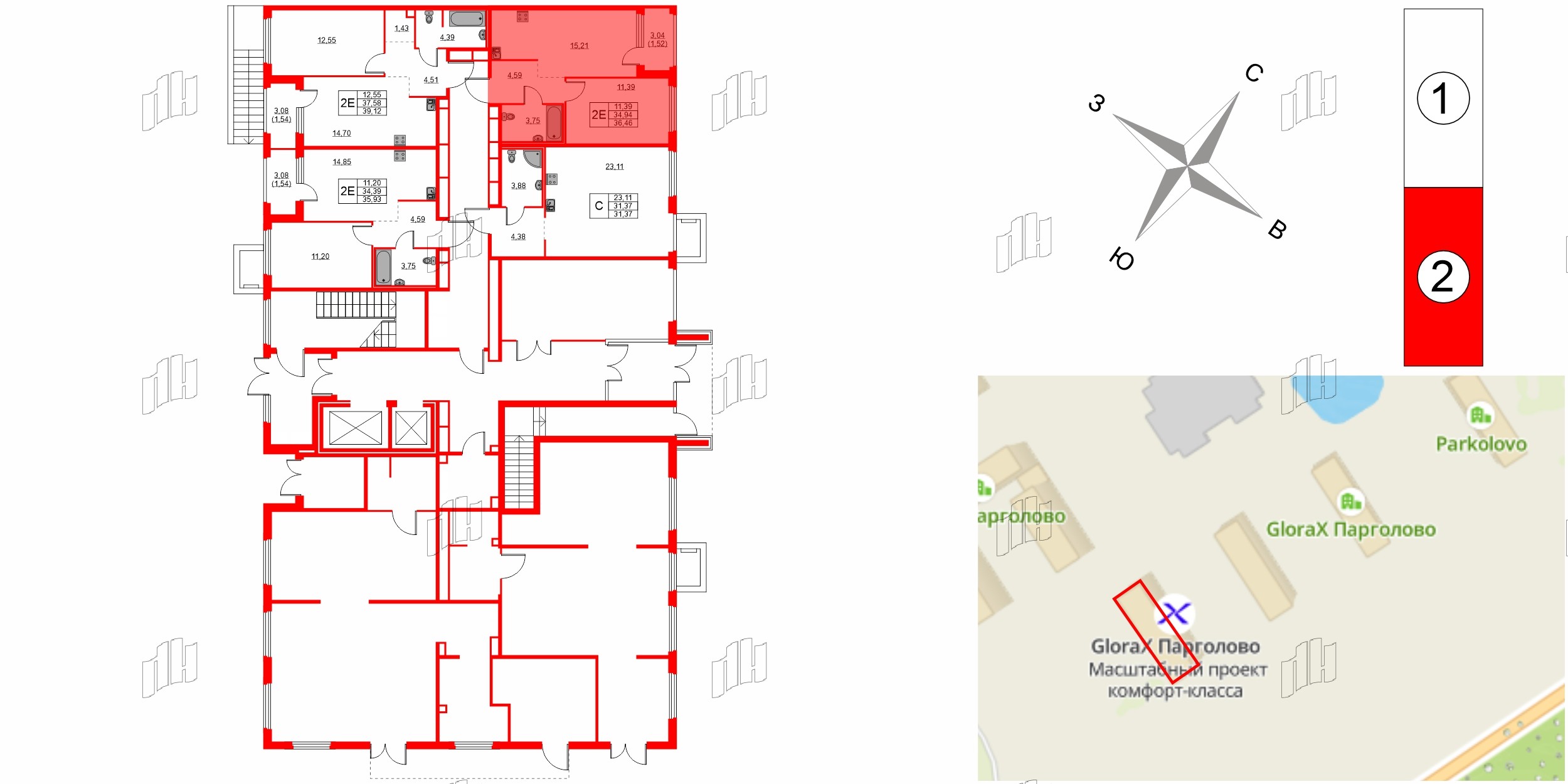 Квартира в ЖК «Парголово», 1 комнатная, 36.46 м², 1 этаж