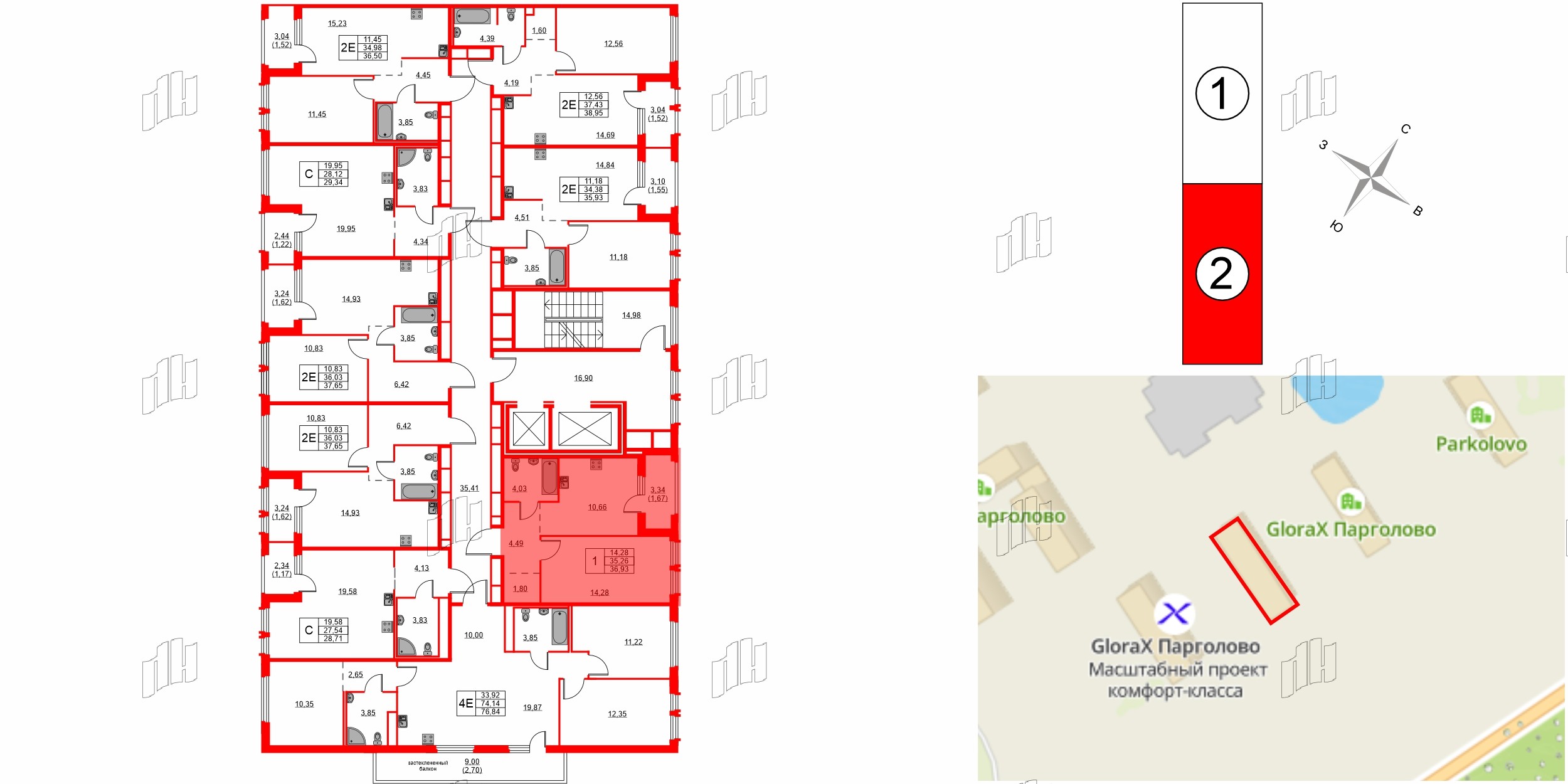 Квартира в ЖК GloraX Парголово, 1 комнатная, 36.93 м², 12 этаж
