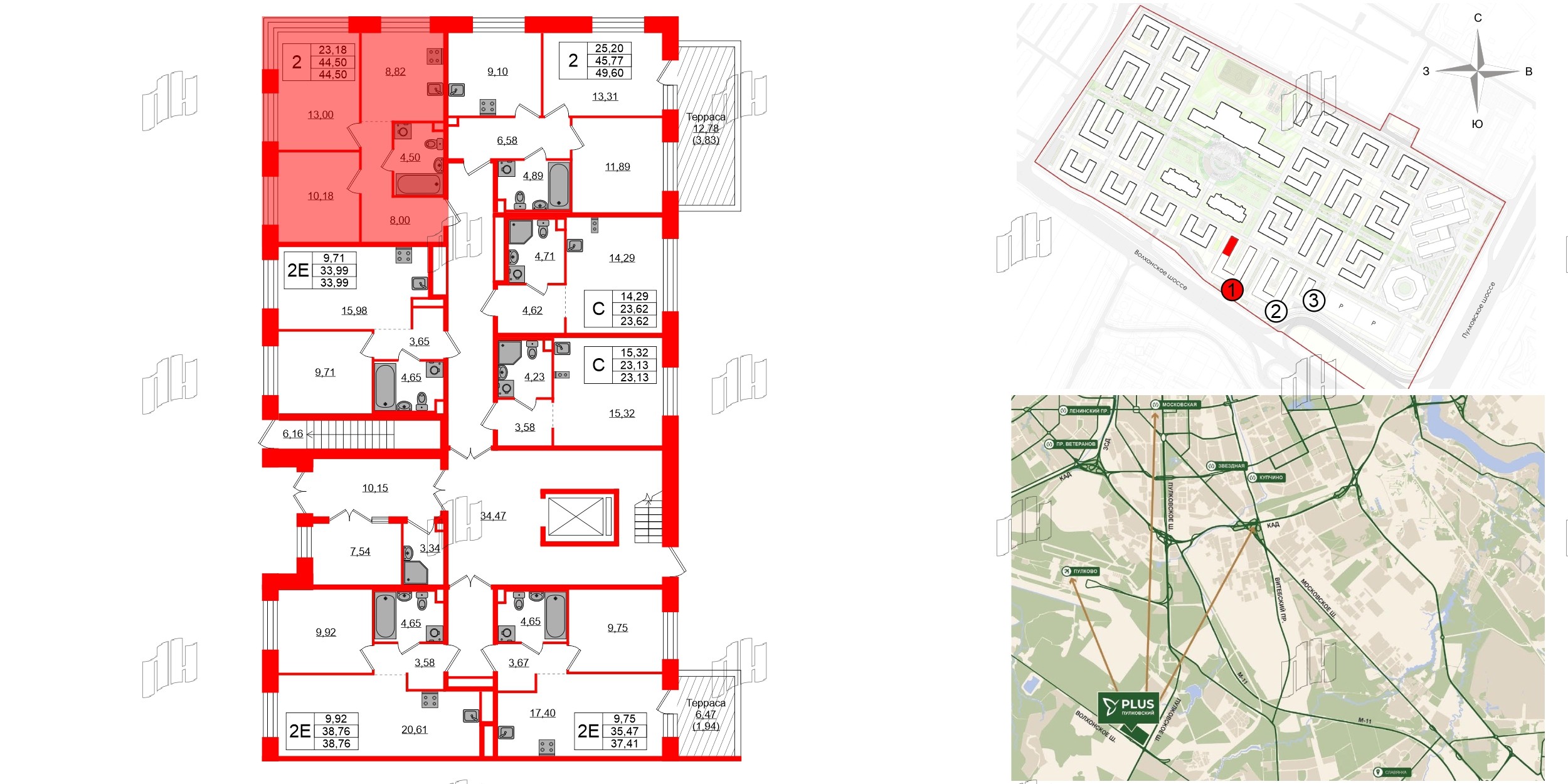 Квартира в ЖК «Плюс Пулковский», 2 комнатная, 44.5 м², 1 этаж