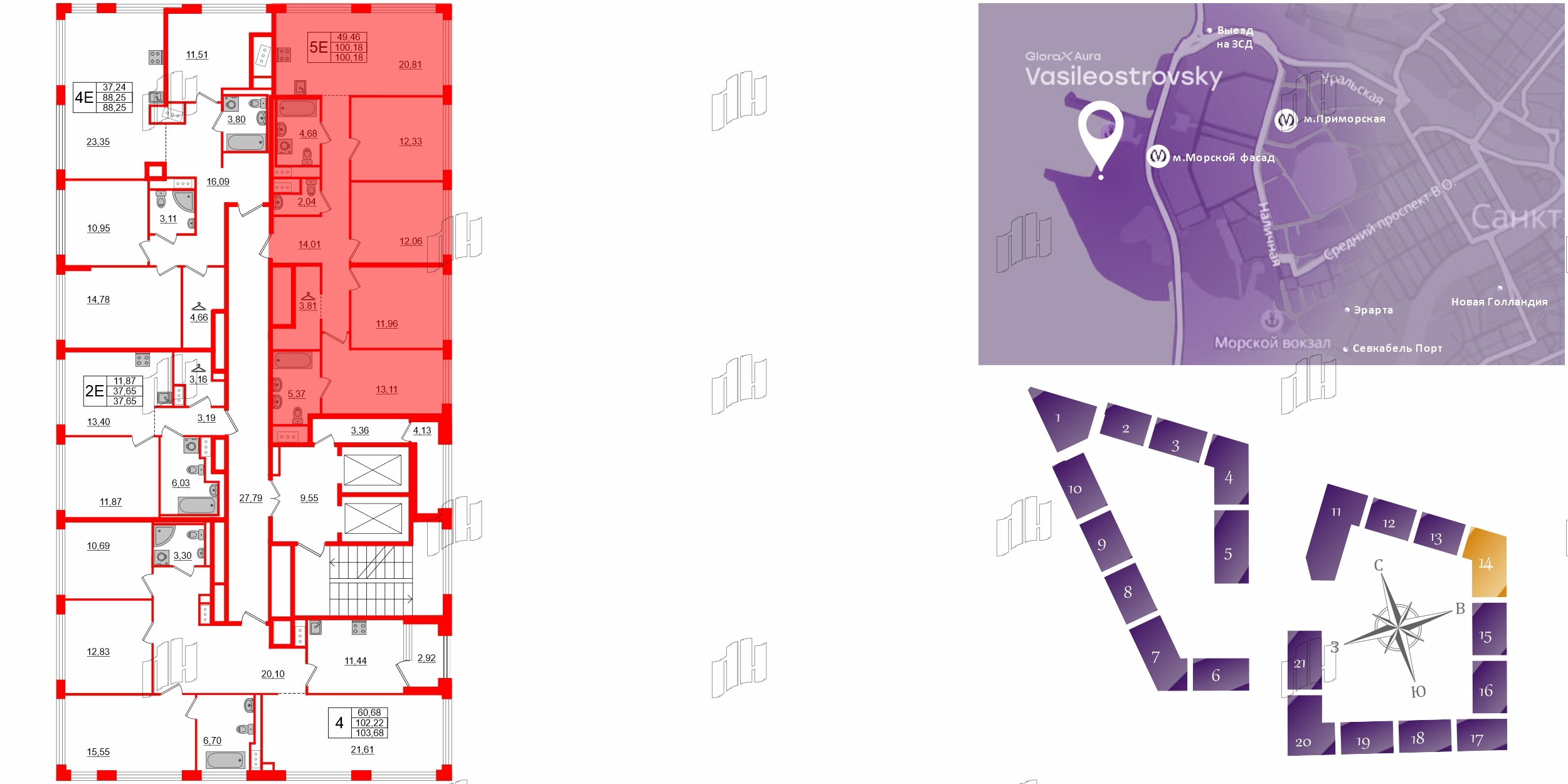 Квартира в ЖК Glorax Premium Василеостровский, 4 комнатная, 100.18 м², 19 этаж