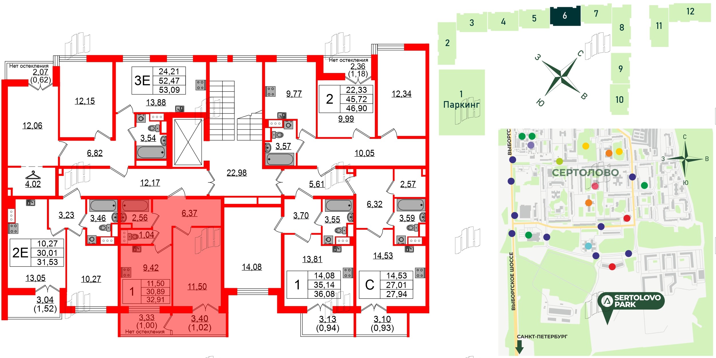 Квартира в ЖК Sertolovo Park, 1 комнатная, 32.91 м², 3 этаж