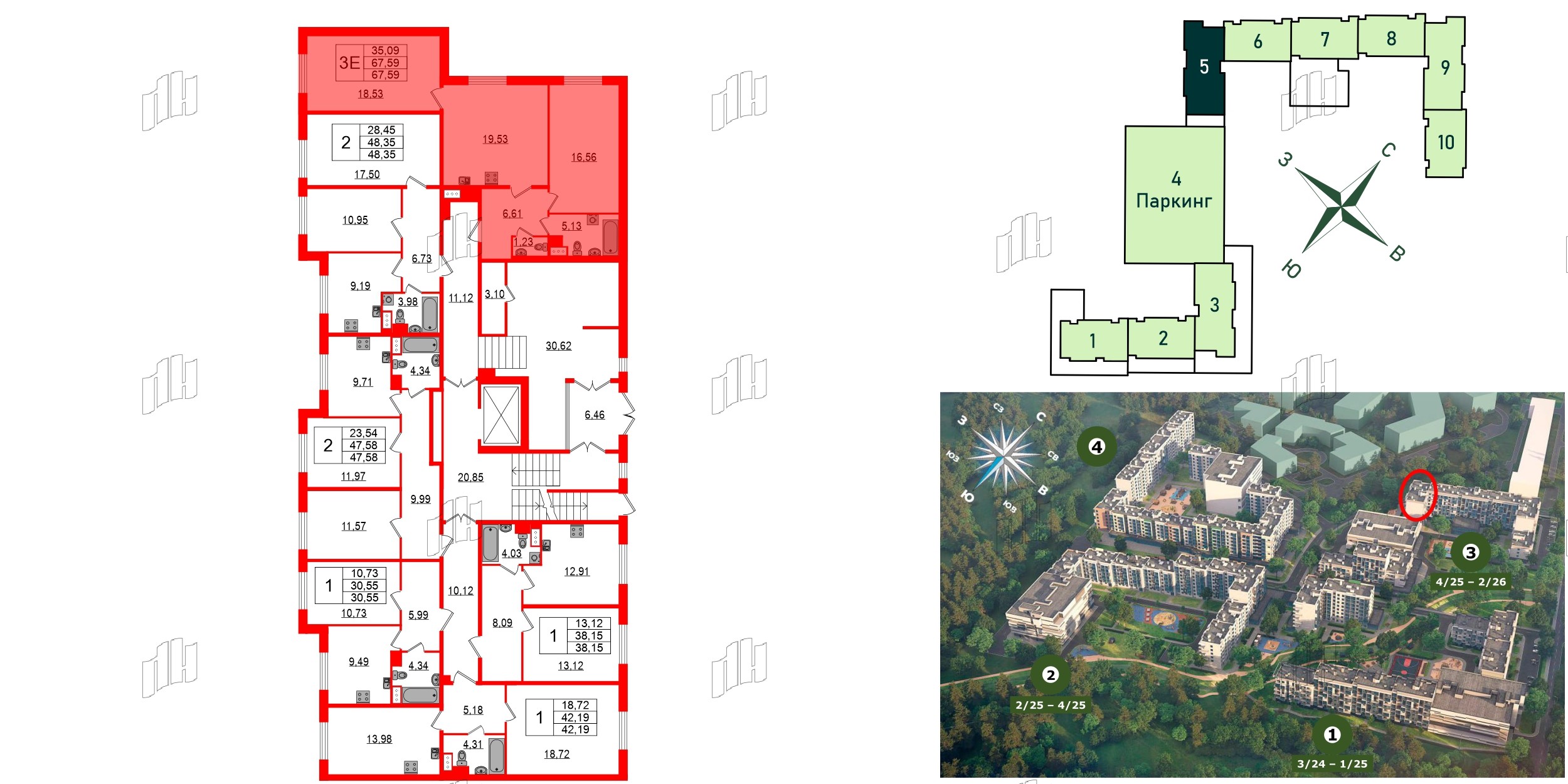 Квартира в ЖК Сертолово Парк, 2 комнатная, 66.7 м², 1 этаж