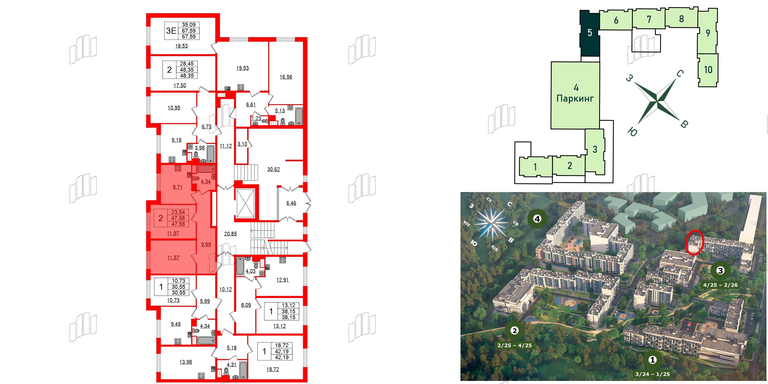 Квартира в ЖК Сертолово Парк, 2 комнатная, 47.2 м², 1 этаж