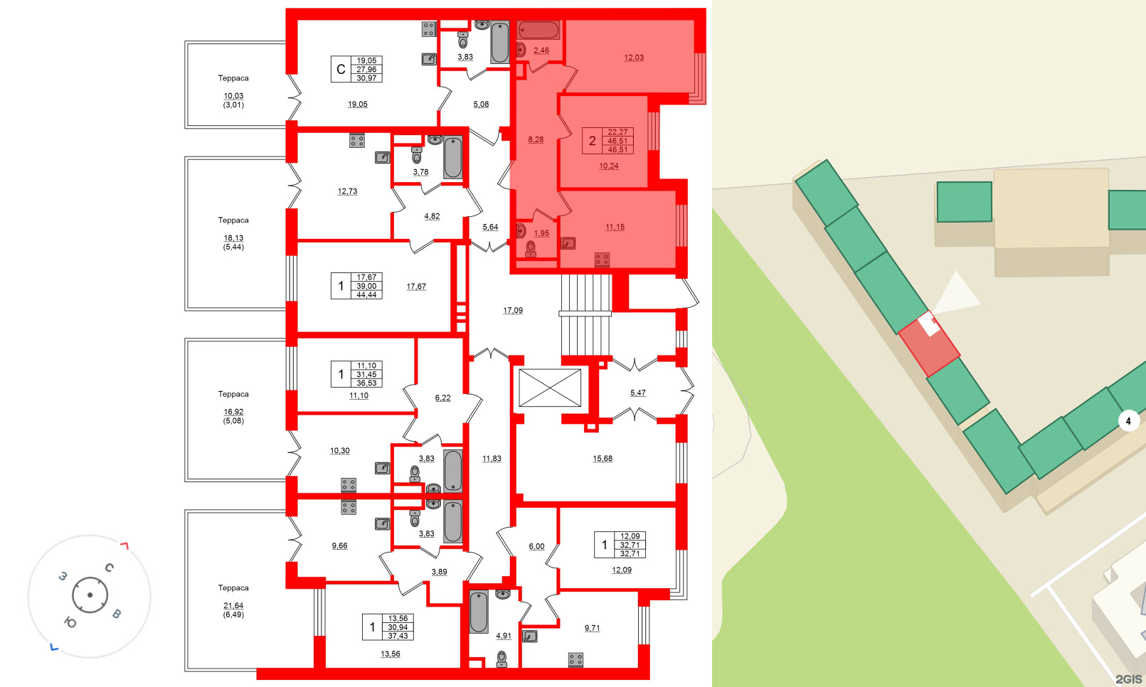 Квартира в ЖК Сертолово Парк, 2 комнатная, 46.51 м², 1 этаж