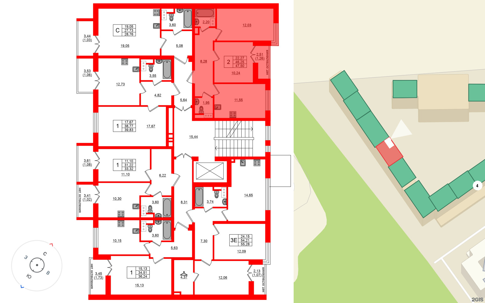 Квартира в ЖК Сертолово Парк, 2 комнатная, 47.5 м², 2 этаж