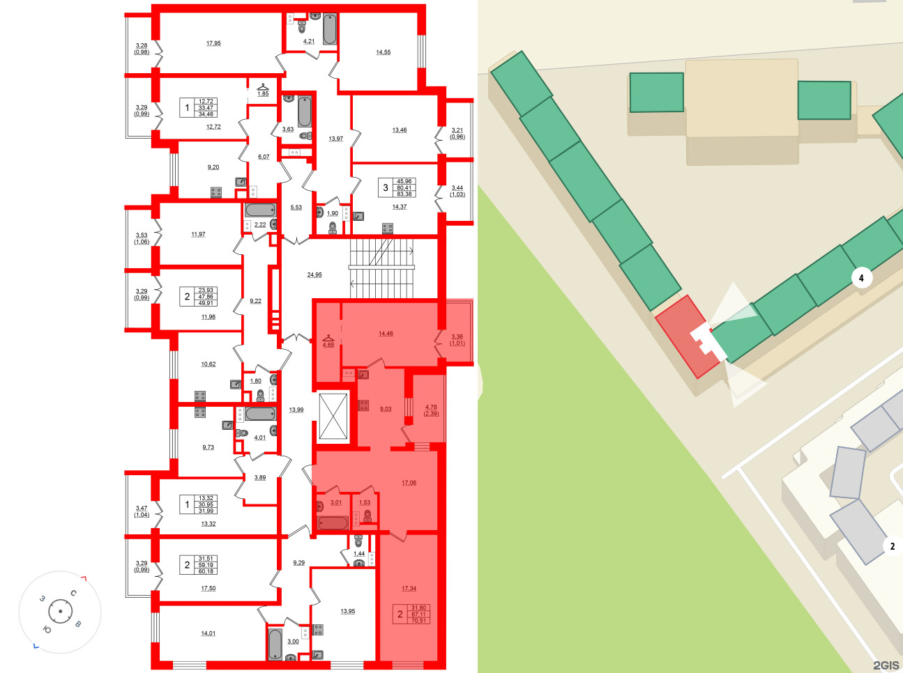 Квартира в ЖК Сертолово Парк, 2 комнатная, 70.51 м², 2 этаж