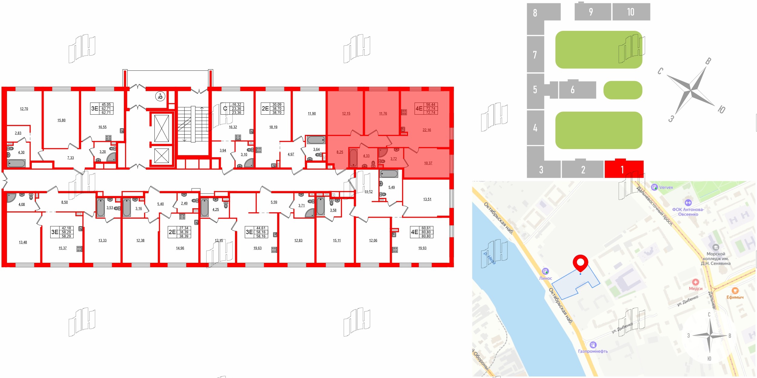 Апартаменты в ЖК «Зум на Неве», 3 комнатные, 72.74 м², 7 этаж