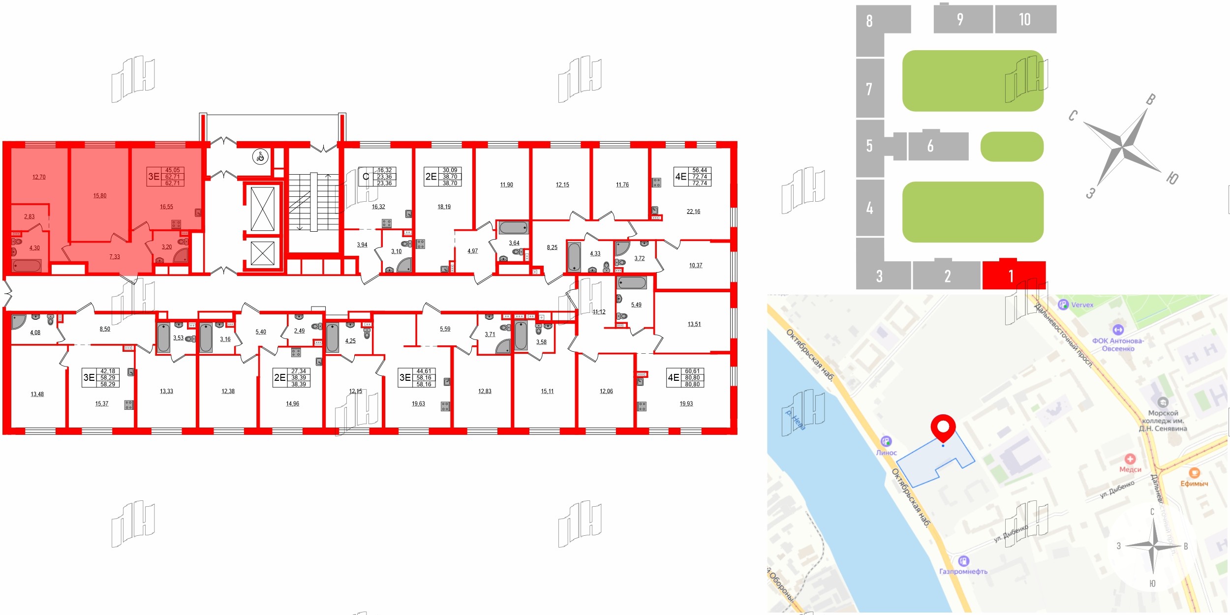 Апартаменты в ЖК «Зум на Неве», 2 комнатные, 63.07 м², 6 этаж