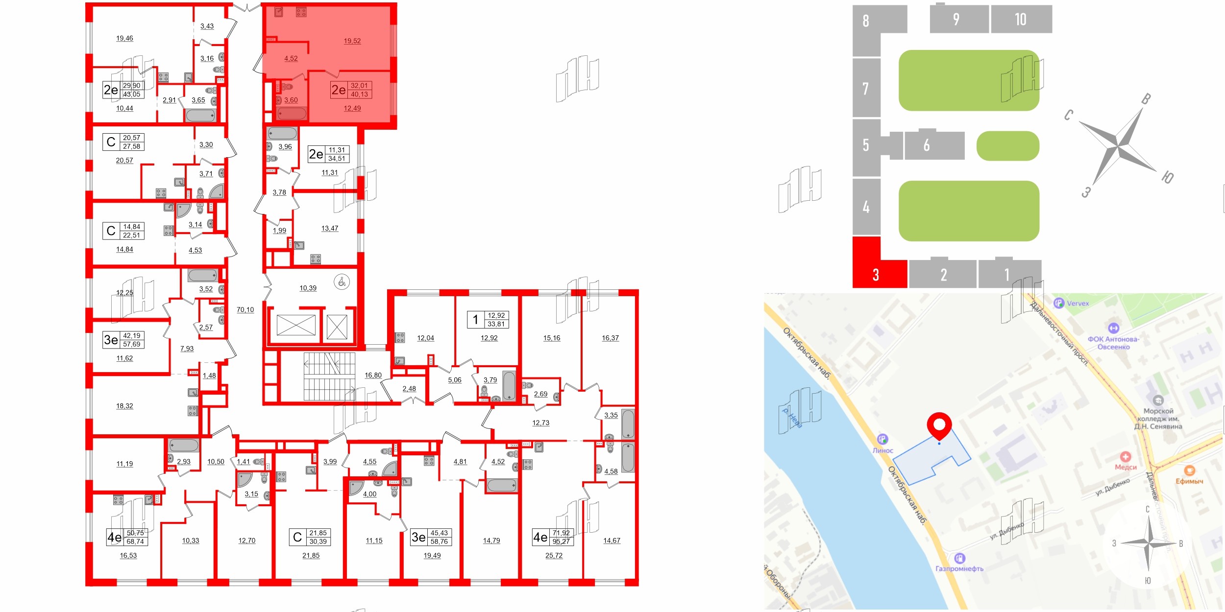 Апартаменты в ЖК ZOOM на Неве, 1 комнатные, 40.13 м², 6 этаж