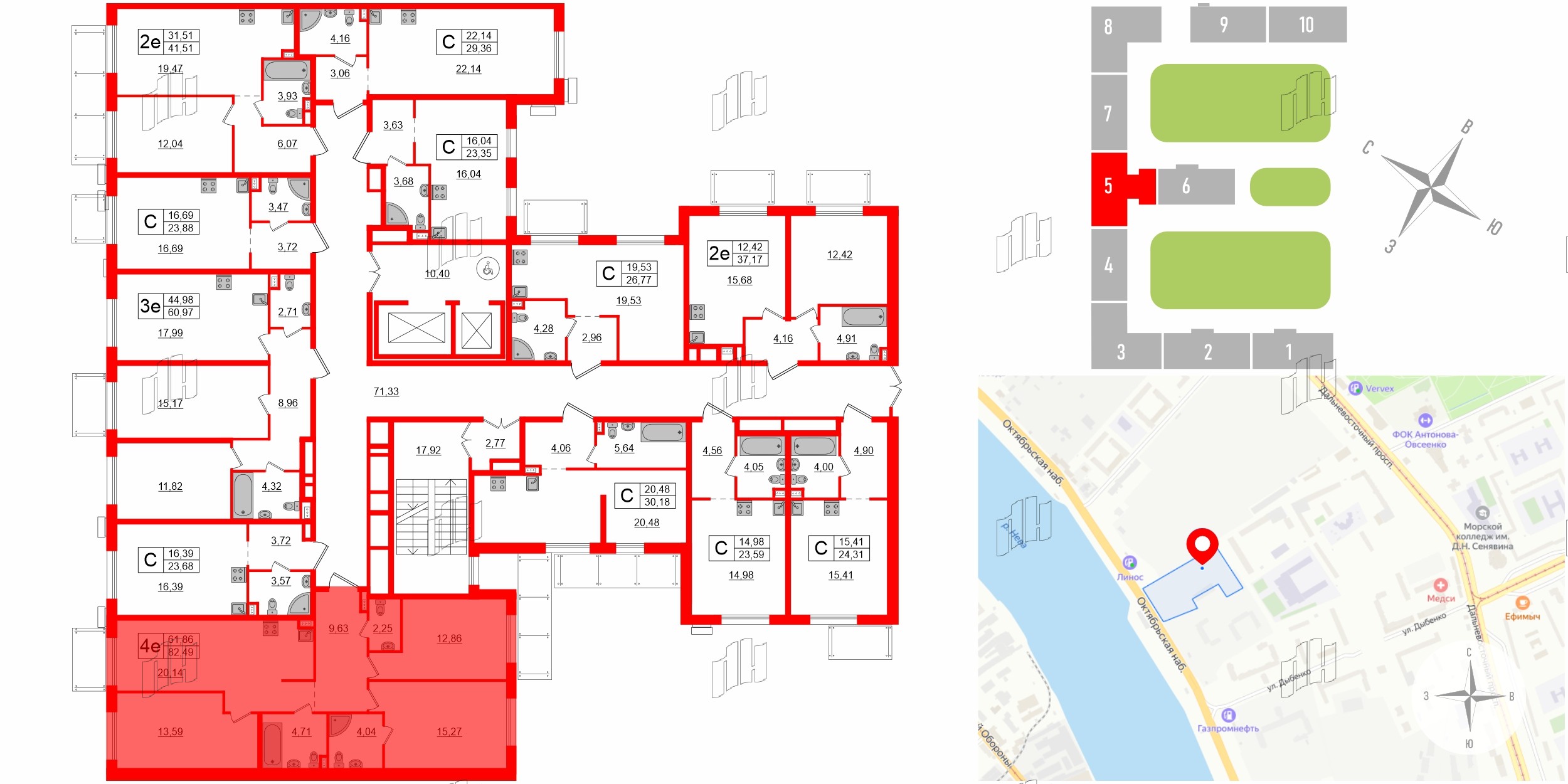 Апартаменты в ЖК «Зум на Неве», 3 комнатные, 82.49 м², 2 этаж