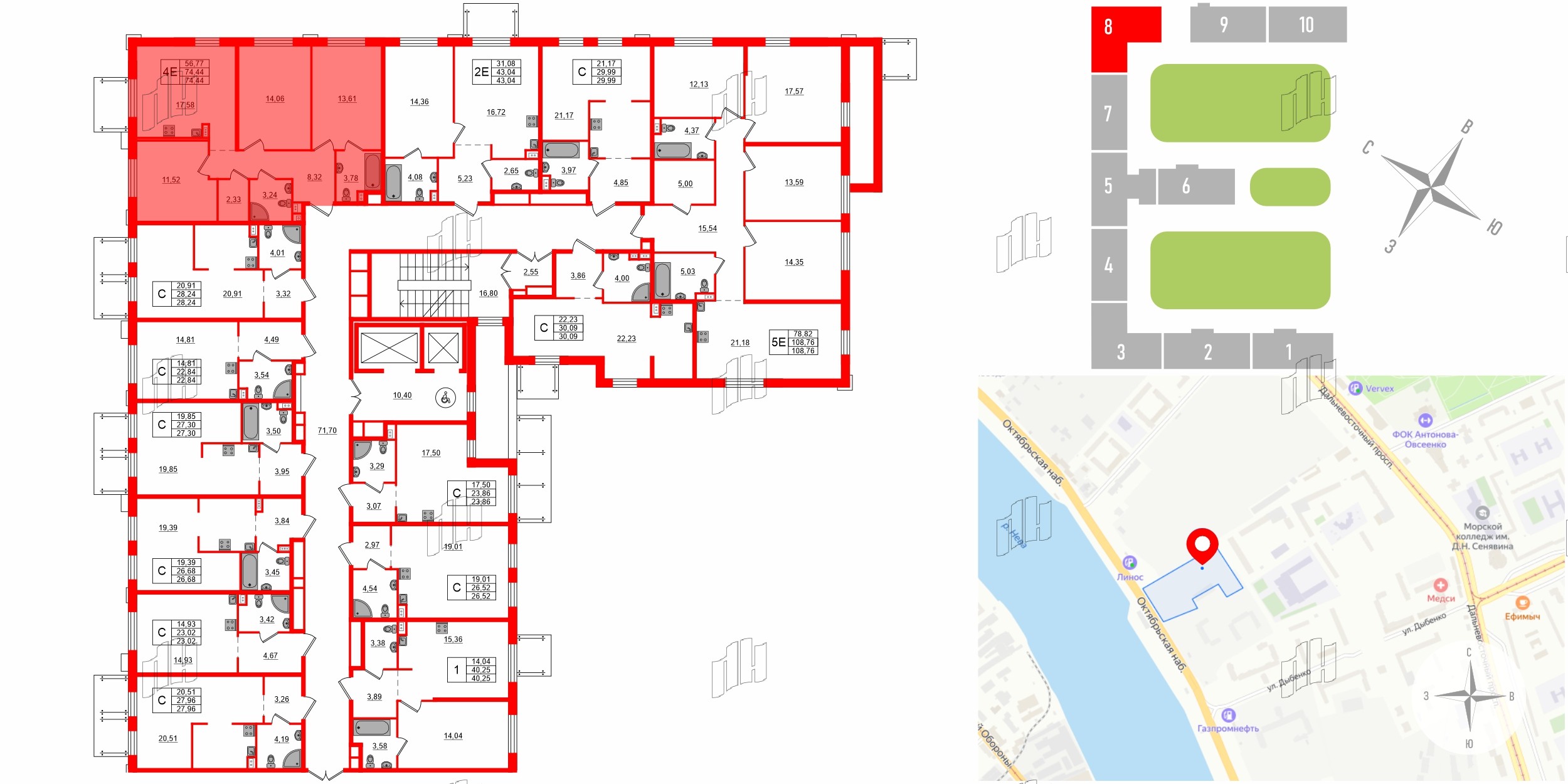 Апартаменты в ЖК «Зум на Неве», 3 комнатные, 74.44 м², 2 этаж