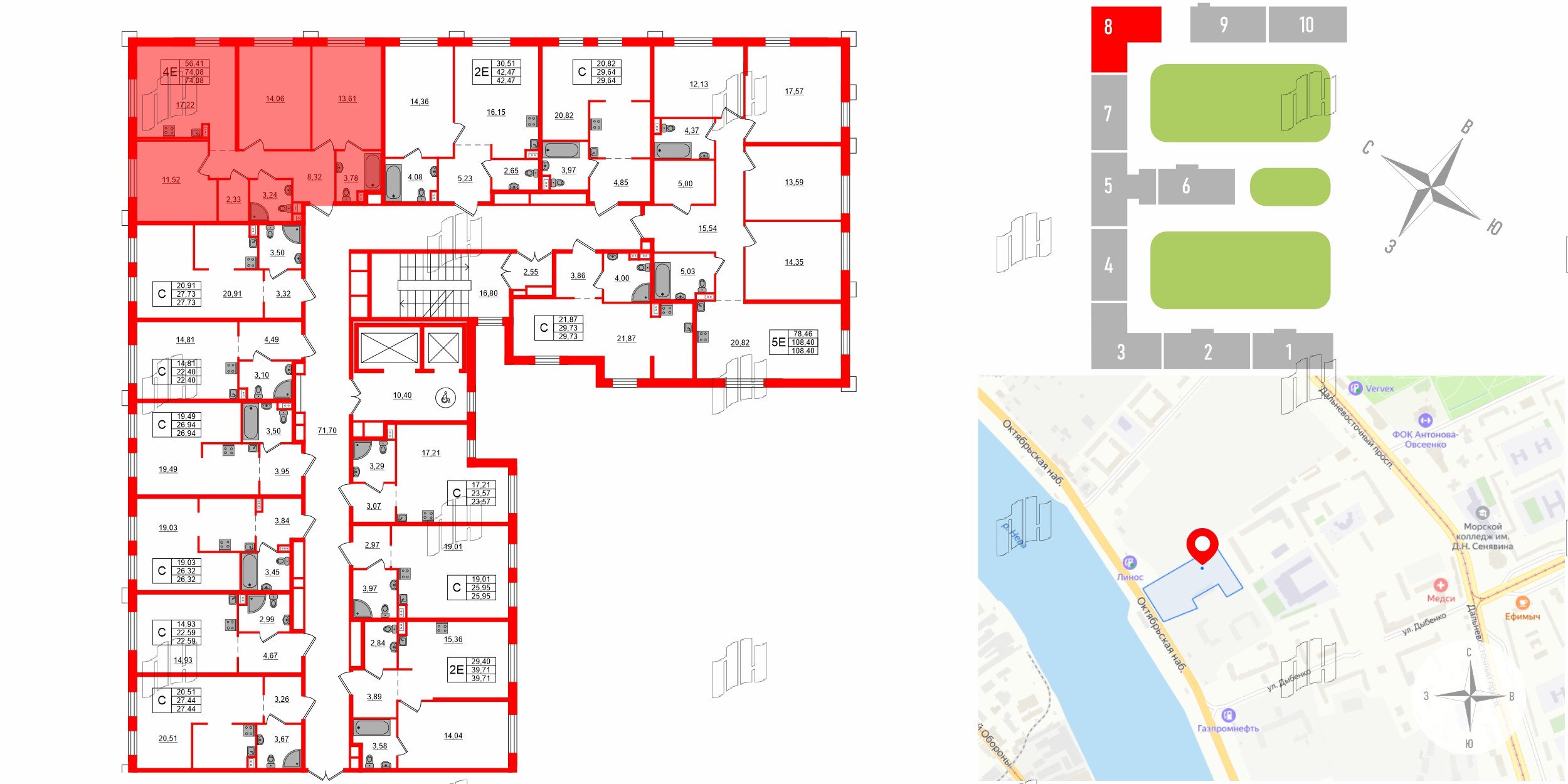 Апартаменты в ЖК «Зум на Неве», 3 комнатные, 74.08 м², 16 этаж
