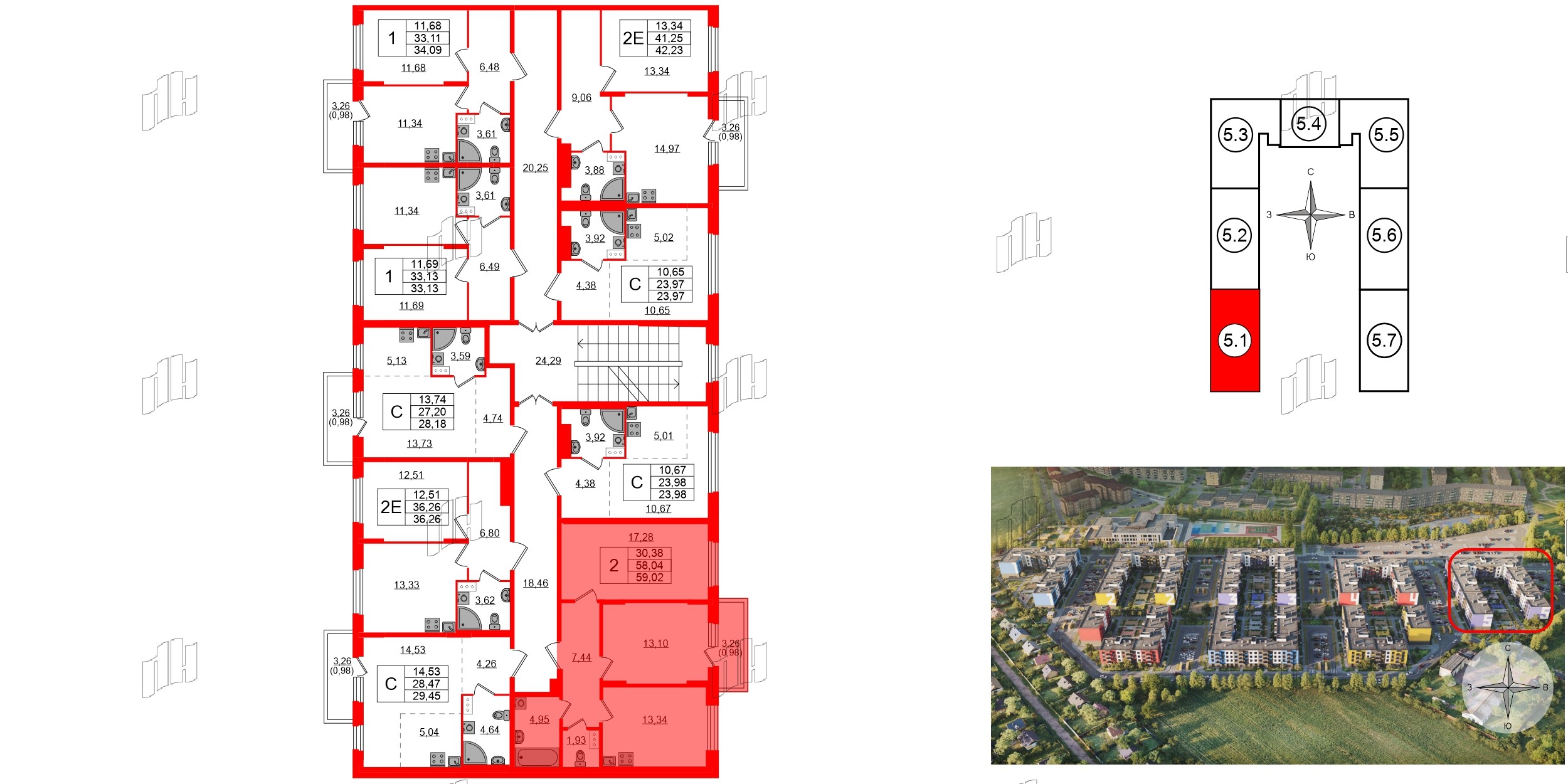 Квартира в ЖК «Аннино Сити», 2 комнатная, 59.02 м², 3 этаж