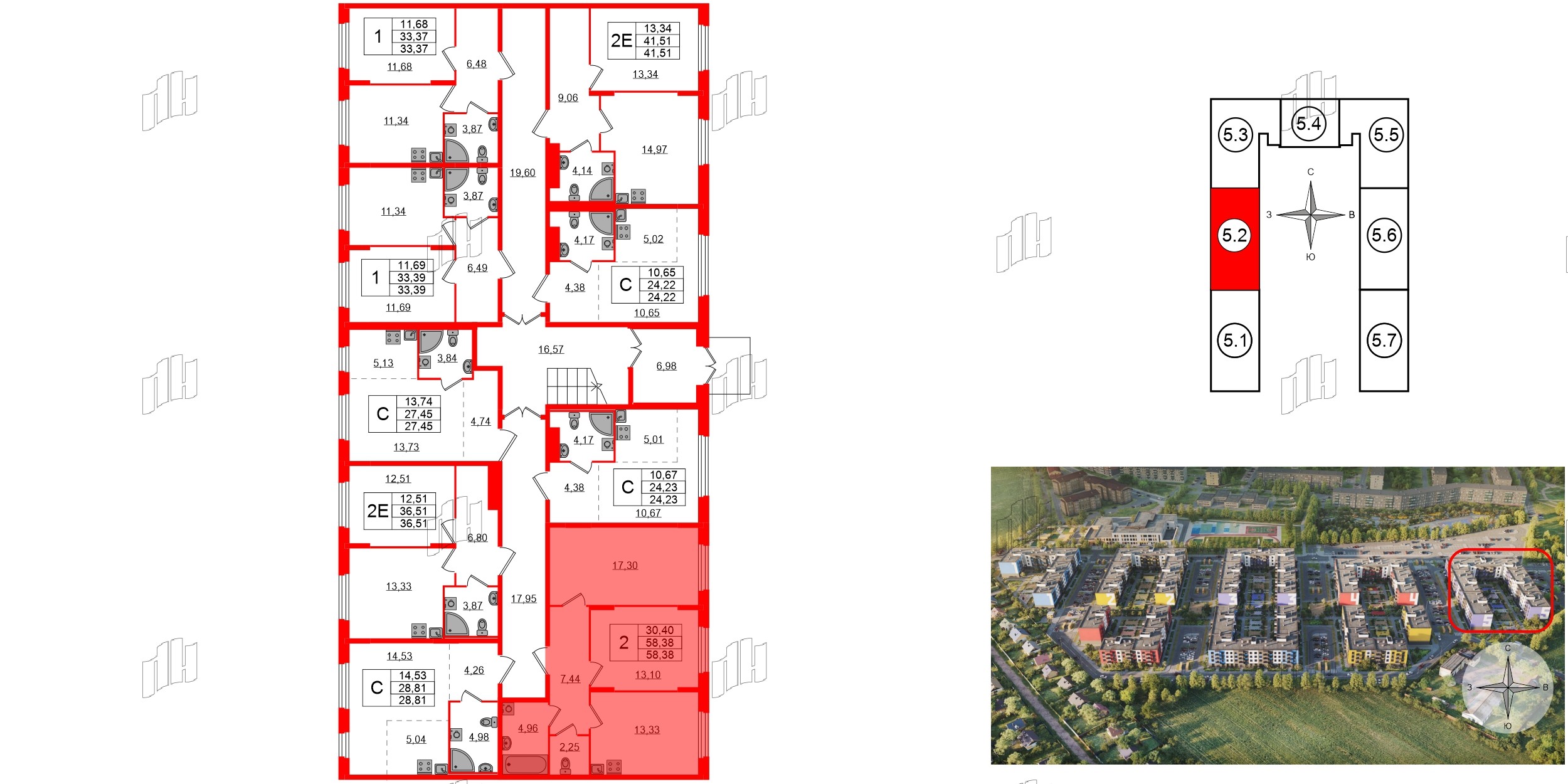 Квартира в ЖК «Аннино Сити», 2 комнатная, 58.38 м², 1 этаж