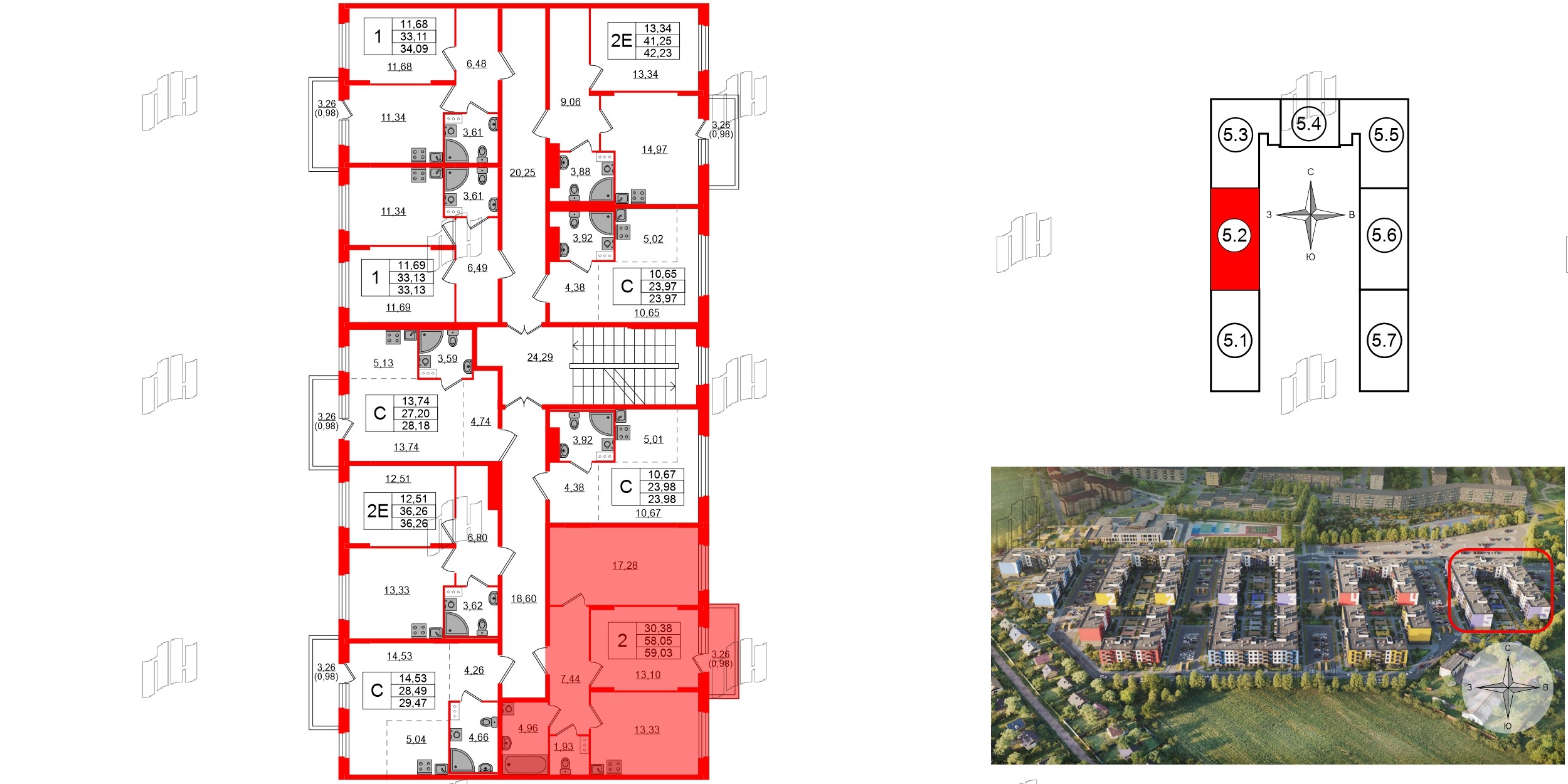 Квартира в ЖК «Аннино Сити», 2 комнатная, 59.03 м², 3 этаж