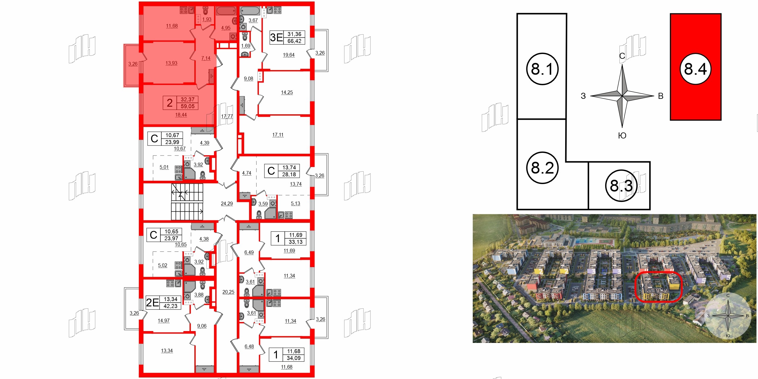Квартира в ЖК «Аннино Сити», 2 комнатная, 59.05 м², 3 этаж