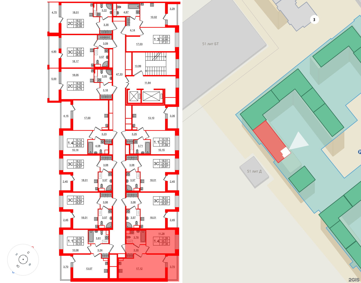 Квартира в ЖК Астра Континенталь, 1 комнатная, 35.51 м², 3 этаж