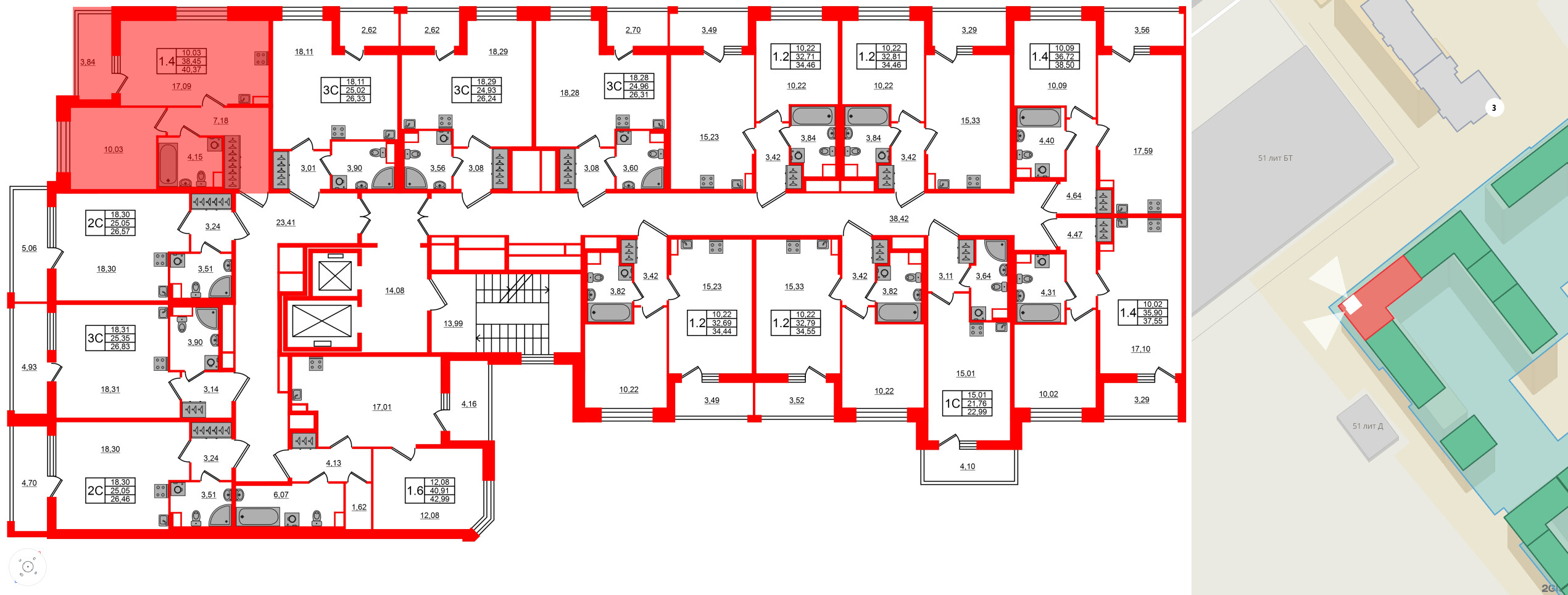 Квартира в ЖК Астра Континенталь, 1 комнатная, 38.45 м², 2 этаж